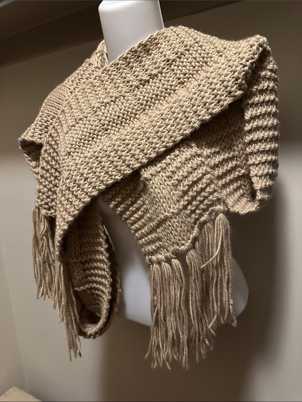 Neutral Fringe Knit Shawl scarf Wrap - Beige